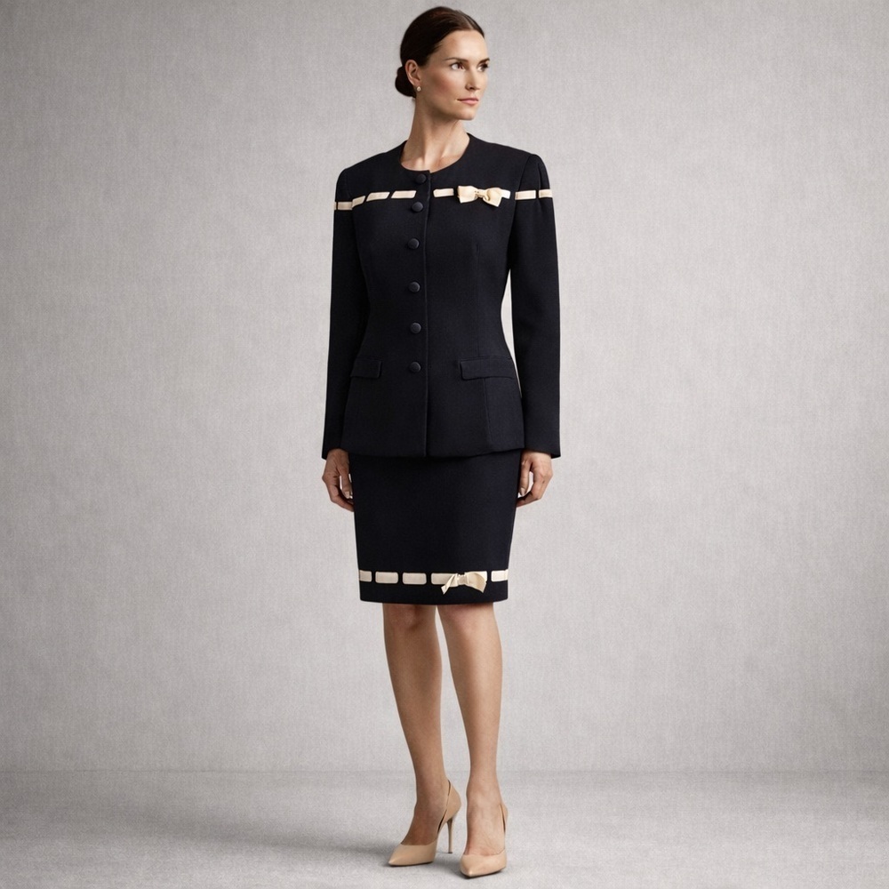 Escada Couture Vintage Navy Wool Skirt Suit Ribbon Detail Excellent Size 40 / 10
